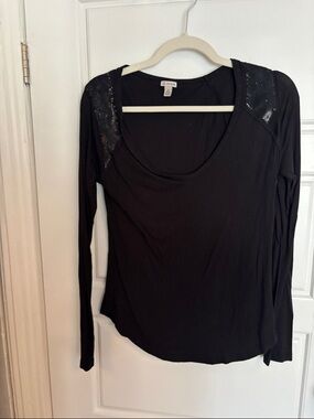 Guess Black Long-Sleeve Scoop Neck Top with Sequin Shoulder Panels